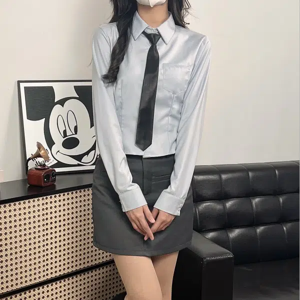 冰淇淋与鲸 学院风纯色方领单排扣修身长袖衬衫 女款 蓝色