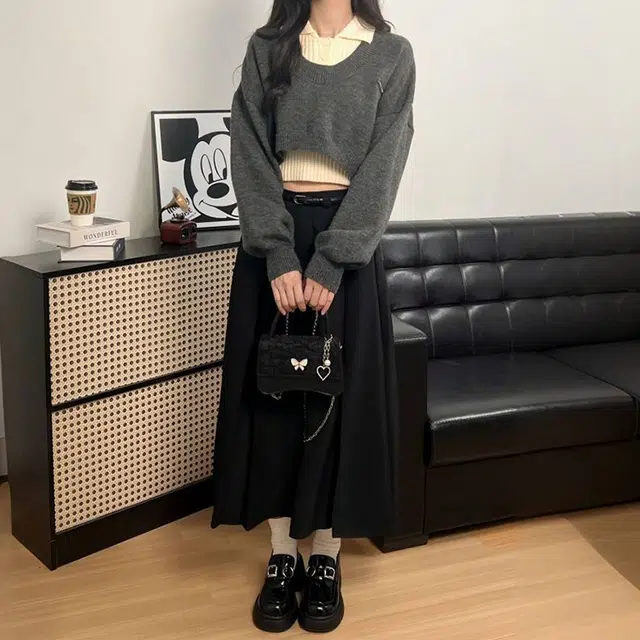 冰淇淋与鲸 美式学院风针织上衣高腰百褶长裙两件套裙装套装 女款