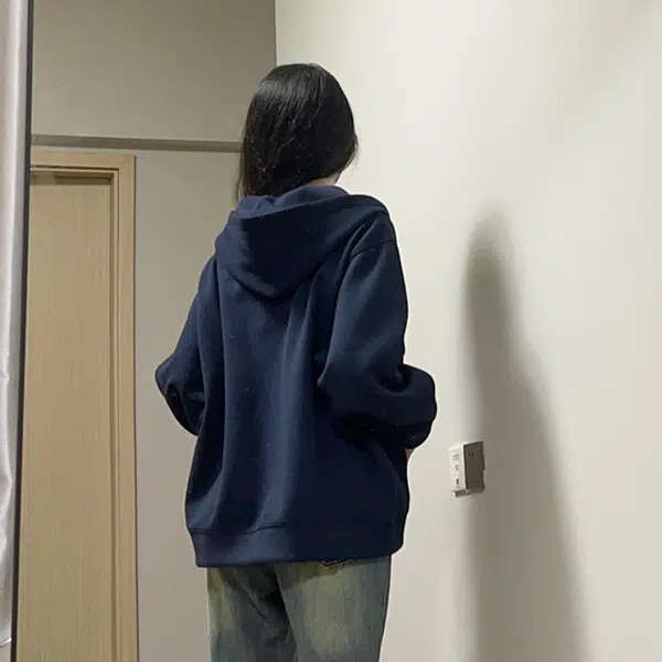 冰淇淋与鲸 复古美式纯色开衫宽松外套百搭连帽卫衣 女款 绀色