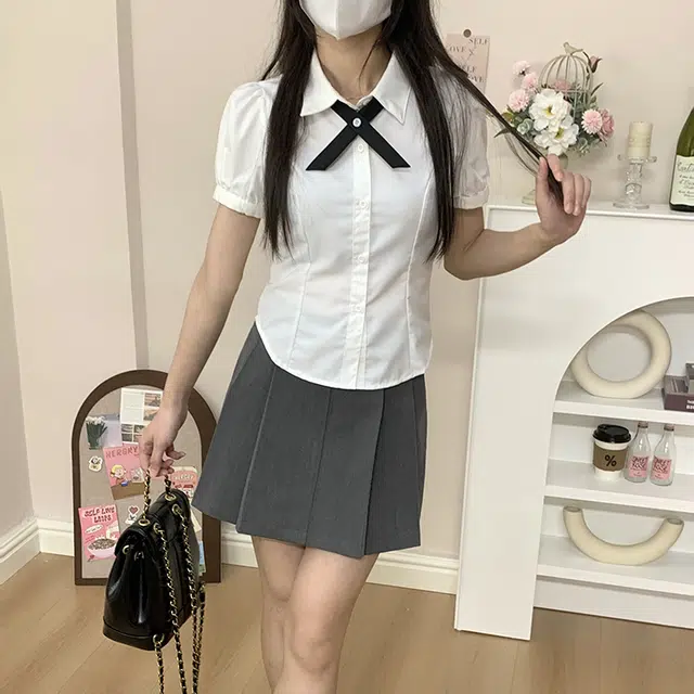 冰淇淋与鲸 纯色泡泡袖收腰修身短袖绑带衬衫高腰半身裙制服 女款