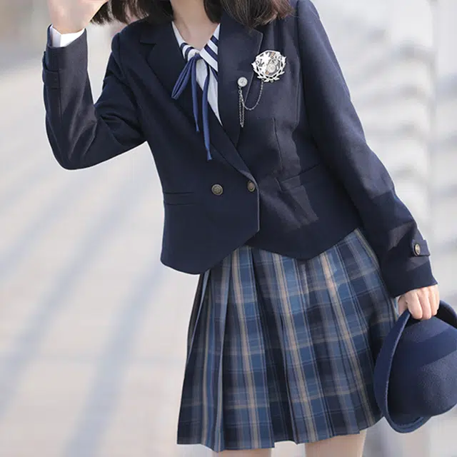 冰淇淋与鲸 学院风纯色双排扣短款长袖高腰百褶制服 女款