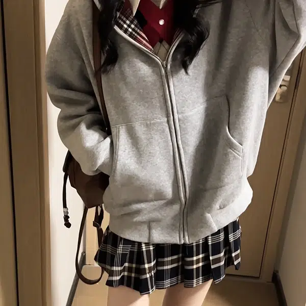 冰淇淋与鲸 美式慵懒风拼接格纹开衫加厚连帽外套辣妹短款半身裙长袖裙装套装 女款
