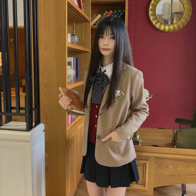 冰淇淋与鲸 秋季学院风短款长袖衬衫纯色刺绣针织马甲单排扣西服外套百褶短款高腰半身裙裙装套装 女款