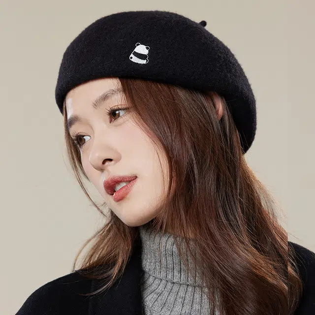 玖慕 纯羊毛呢蓓蕾秋冬韩日系画家 黑色英伦复古大头围 贝雷帽 女款
