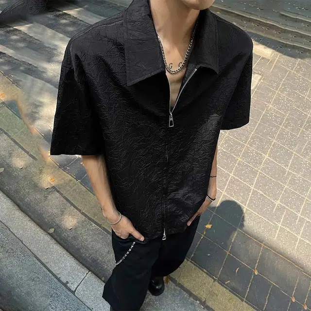 美式复古高街潮流小众纯色双拉链黑暗风褶皱设计宽松休闲百搭痞帅日常通勤透气舒适翻领短袖衬衫 男女同款 黑色