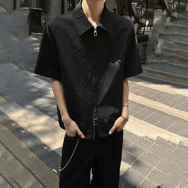 美式复古高街潮流小众纯色双拉链黑暗风褶皱设计宽松休闲百搭痞帅日常通勤透气舒适翻领短袖衬衫 男女同款 黑色