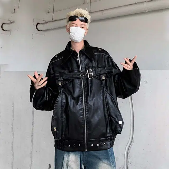 费尔岛上的猫 拼接解构翻领金属装饰纯色百搭透气宽松休闲落肩垂感美式复古高街小众痞帅皮衣 男女同款