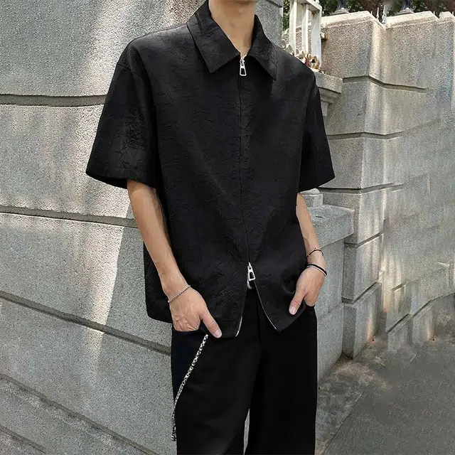 美式复古高街潮流小众纯色双拉链黑暗风褶皱设计宽松休闲百搭痞帅日常通勤透气舒适翻领短袖衬衫 男女同款 黑色