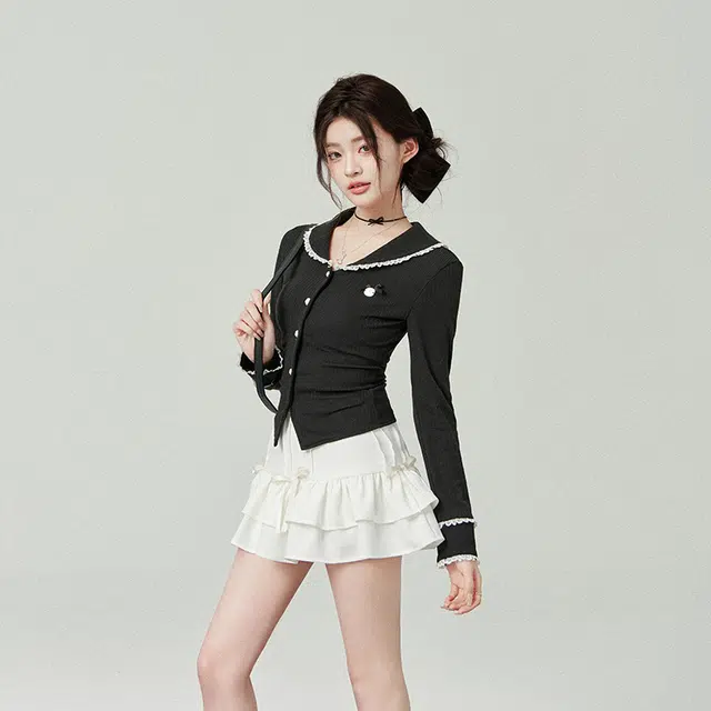 花铃太太 设计感显瘦小个子甜美内搭珍珠花边开衫针织衫 女款