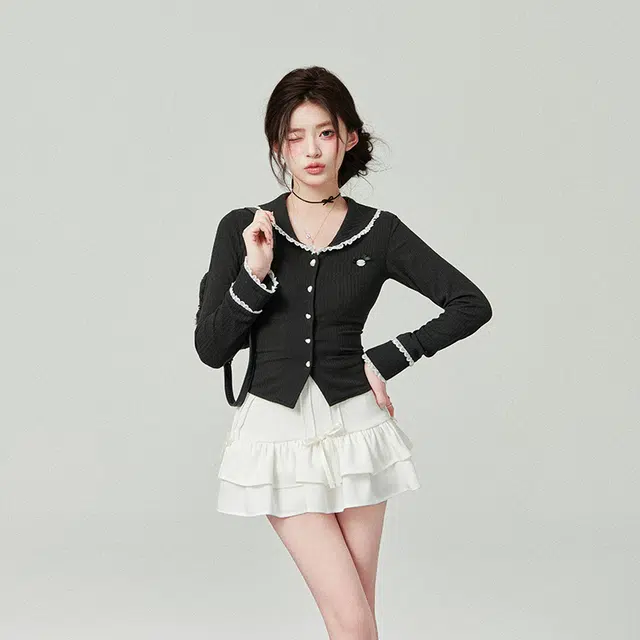 花铃太太 设计感显瘦小个子甜美内搭珍珠花边开衫针织衫 女款