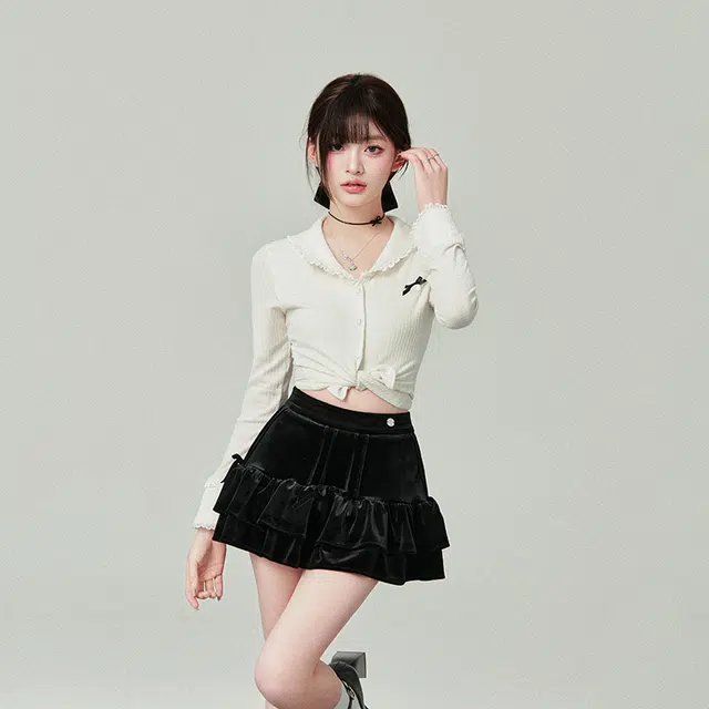 花铃太太 设计感显瘦小个子甜美内搭珍珠花边开衫针织衫 女款