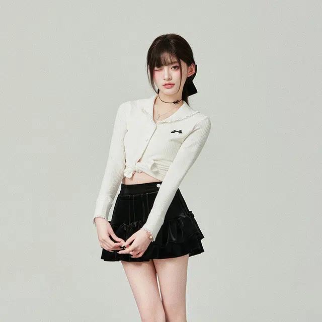 花铃太太 设计感显瘦小个子甜美内搭珍珠花边开衫针织衫 女款