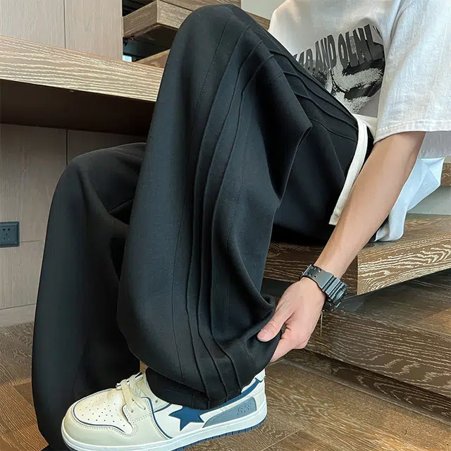 而度 重磅美式拖地阔腿宽松纯色褶皱结构纯棉侧边条纹版型穿搭显高显瘦无性别主义休闲裤 男女同款