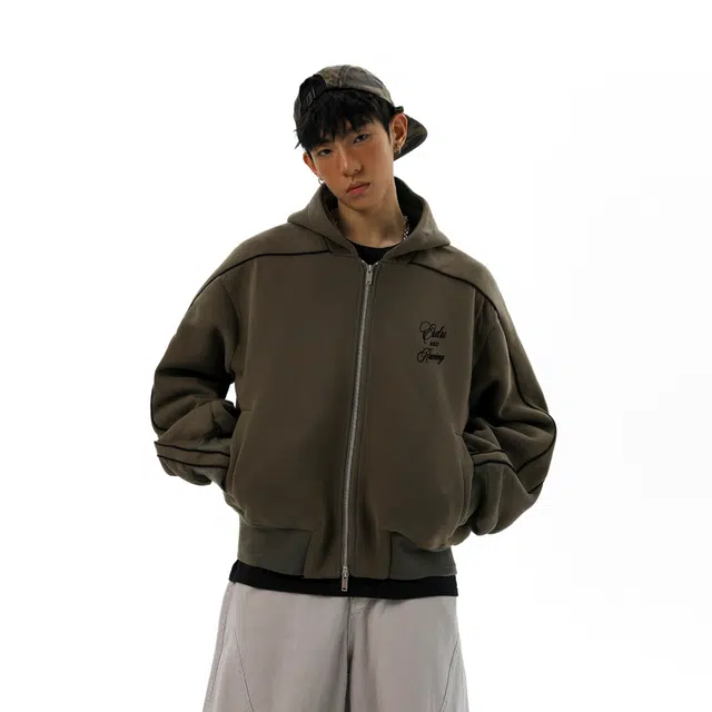 而度 复古运动风连帽拉链侧边线条后背精致字母印花工艺高街小众百搭开衫卫衣 男女同款