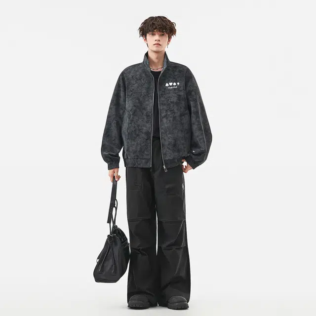 而度 复古美式立领质感绒面肌理前后精致印花工艺高街潮流百搭夹克外套皮衣 男女同款