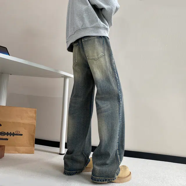 而度 美式复古螺纹水洗裂纹褶皱感阔腿直筒牛仔裤 男女同款