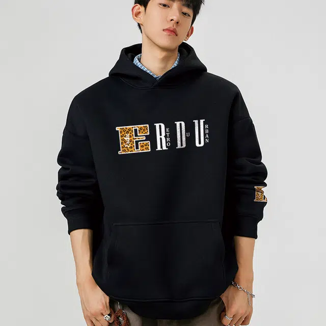 而度 豹纹字母印花国潮小众设计质感拉满宽松版型情侣款百搭连帽卫衣 男女同款