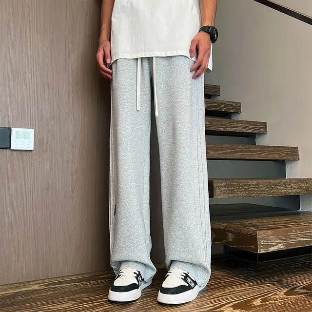 而度 重磅美式拖地阔腿宽松纯色褶皱结构纯棉侧边条纹版型穿搭显高显瘦无性别主义休闲裤 男女同款
