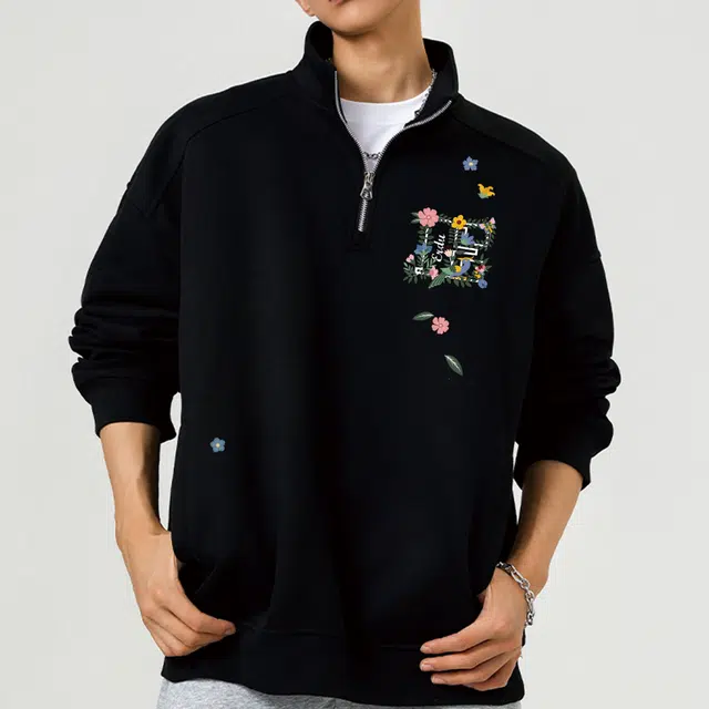而度 国潮高街花朵印花半开襟宽松小众设计感上衣卫衣 男女同款