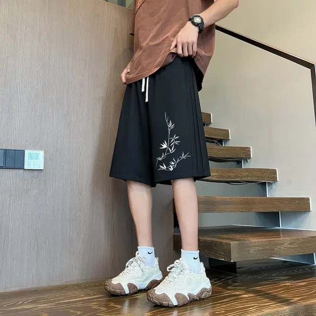 而度 简约宽松时尚舒适中国风竹林设计印花直筒运动松弛潮牌系带休闲短裤 男女同款