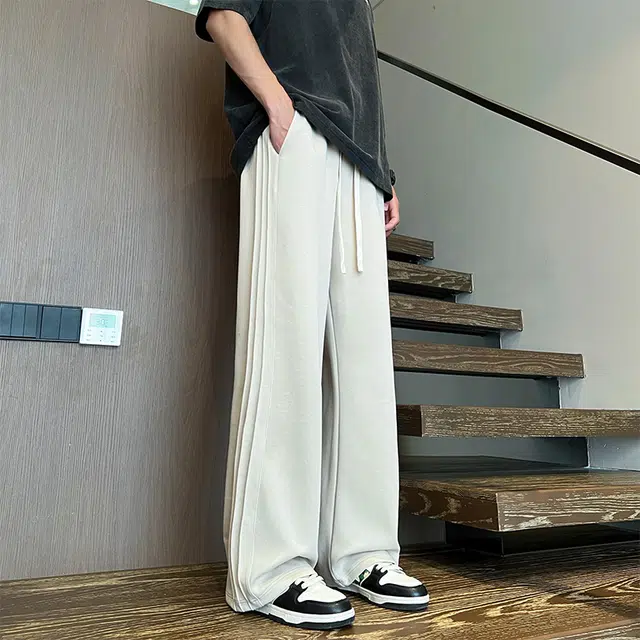 而度 重磅美式拖地阔腿宽松纯色褶皱结构纯棉侧边条纹版型穿搭显高显瘦无性别主义休闲裤 男女同款