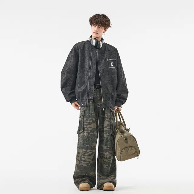 而度 美式复古棒球领质感夹克字母印花细腻工艺高街痞帅风皮衣 男女同款