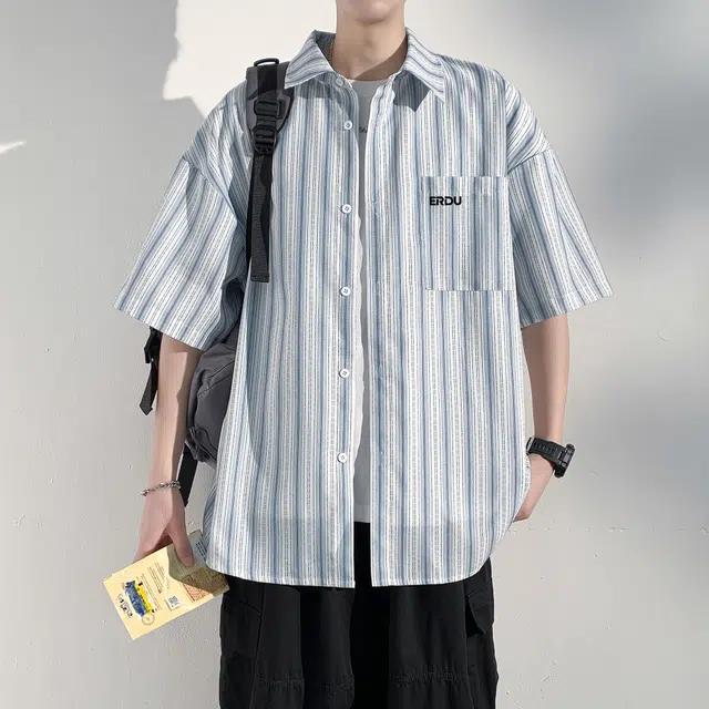 而度 美式经典条纹设计宽松透气休闲百搭短袖衬衫 男女同款