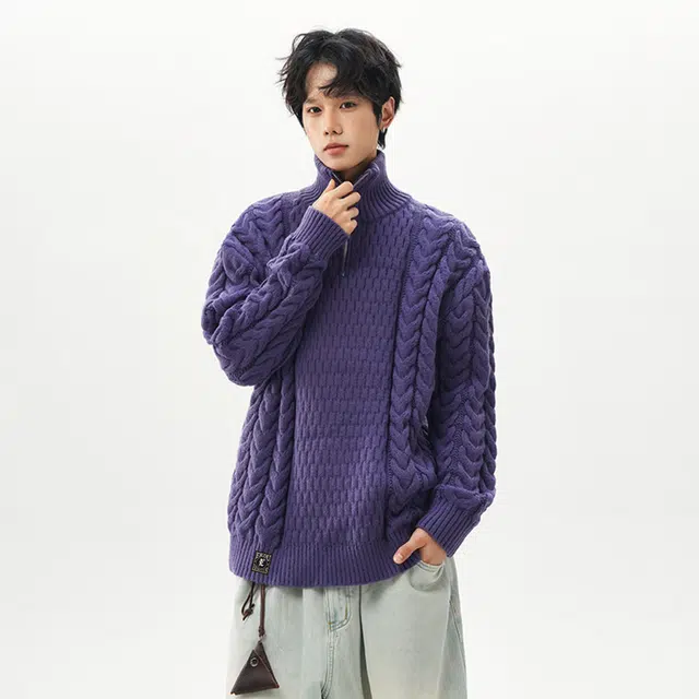 而度 复古麻花编织半拉链高领立体针织工艺宽松慵懒版型高街潮流质感上衣毛衣 男女同款