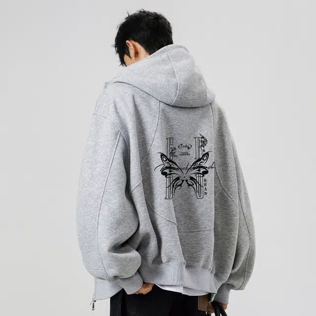 而度 美式复古蝴蝶印花拉链质感工艺拉满小众高级感潮牌连帽卫衣 男女同款