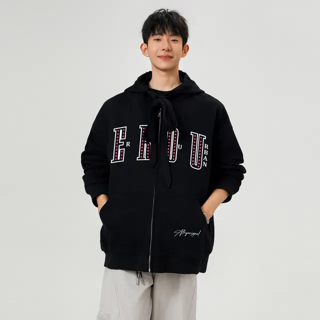 而度 美式复古字母印花宽松廓形质感面料潮流穿搭刚需连帽卫衣 男女同款