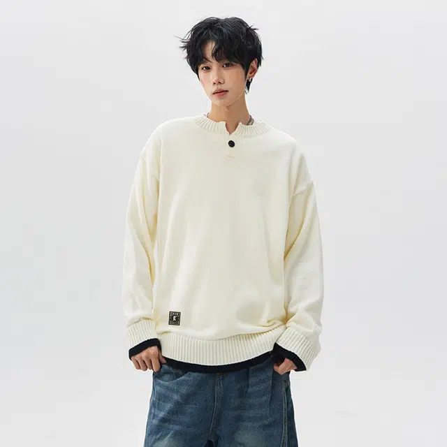 而度 高街复古圆领细腻针织工艺撞色下摆设计宽松慵懒风百搭上衣毛衣 男女同款