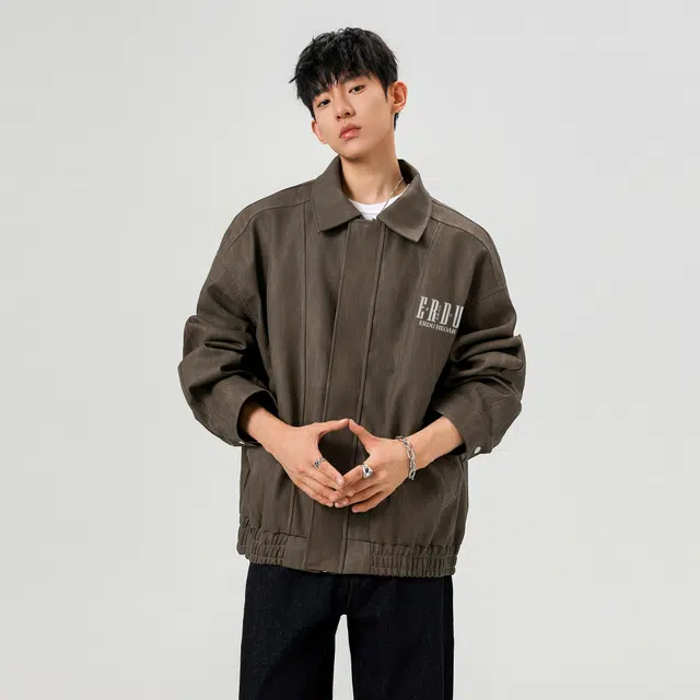 而度 美式复古字母印花质感面料宽松高街风立体剪裁潮流百搭工装夹克外套 男女同款