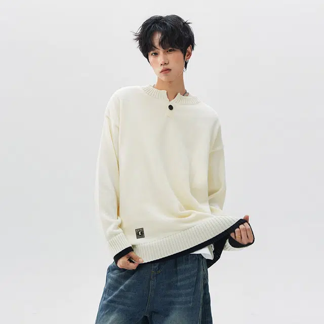 而度 高街复古圆领细腻针织工艺撞色下摆设计宽松慵懒风百搭上衣毛衣 男女同款