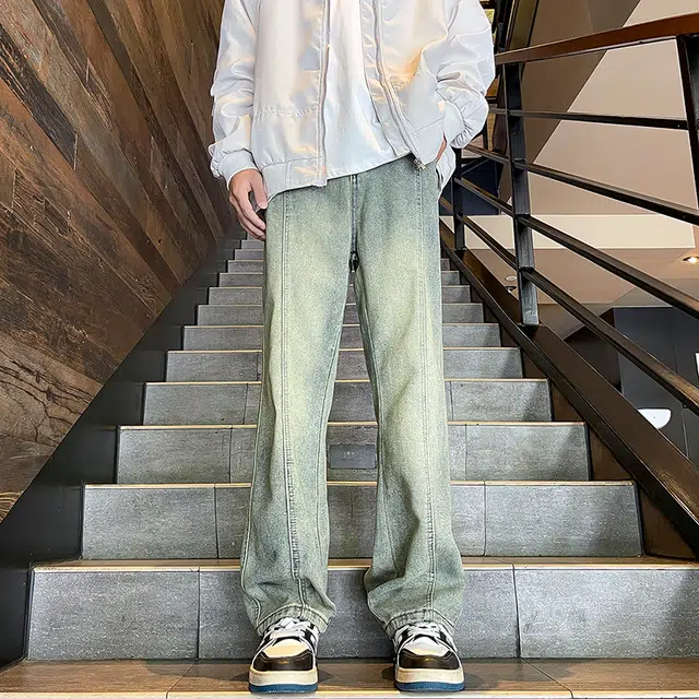 而度 美式复古水洗线条设计立体高街做旧舒适亲肤透气直筒长裤通勤百搭微喇垂感休闲高街风中腰宽松简约牛仔裤 男女同款