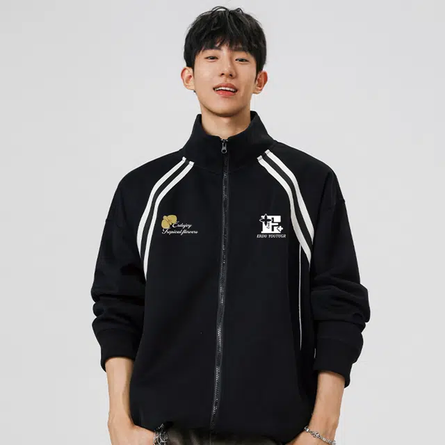 而度 复古运动风花卉印花撞色条纹精致工艺宽松廓形立领外套潮人连帽卫衣 男女同款