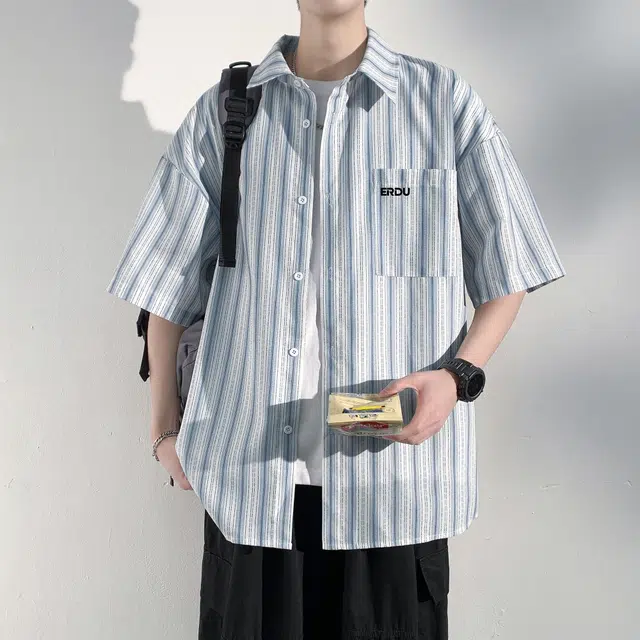 而度 美式经典条纹设计宽松透气休闲百搭短袖衬衫 男女同款