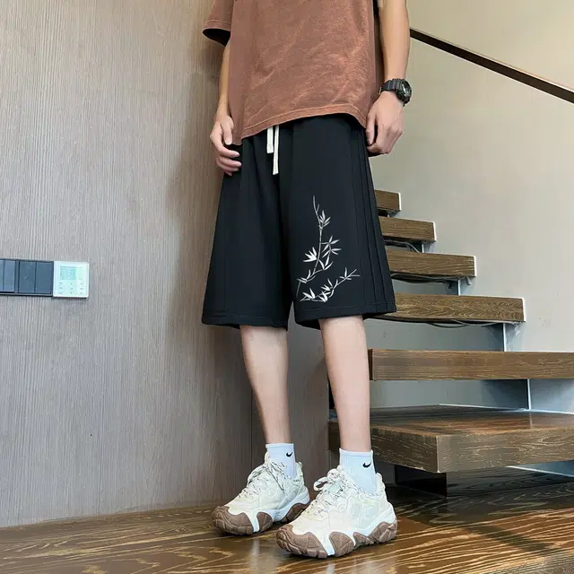 而度 简约宽松时尚舒适中国风竹林设计印花直筒运动松弛潮牌系带休闲短裤 男女同款