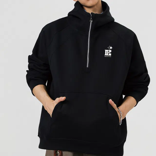 而度 美式复古半拉链精致印花连帽设计小众高级感卫衣 男女同款