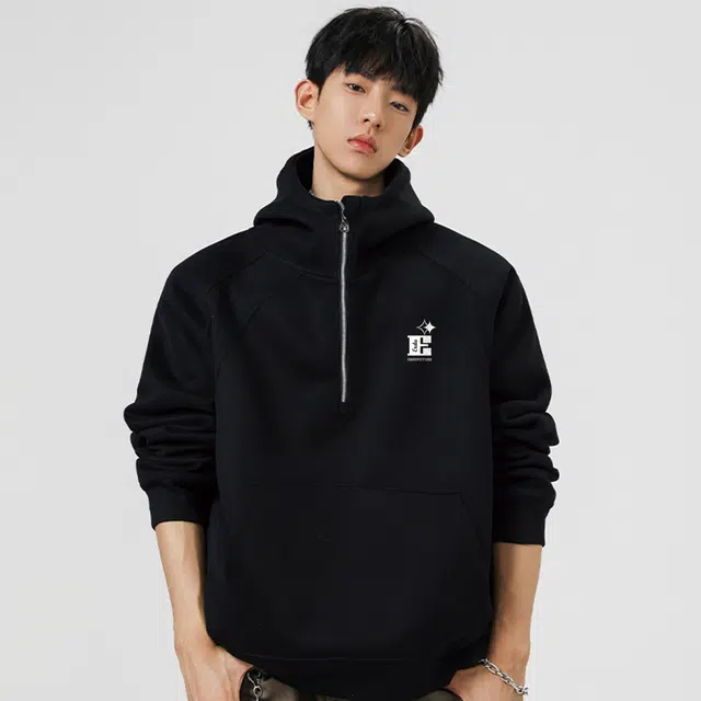 而度 美式复古半拉链精致印花连帽设计小众高级感卫衣 男女同款