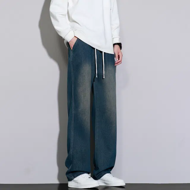 而度 美式高街经典做旧设计抽绳日常通勤百搭垂感休闲牛仔裤 男女同款