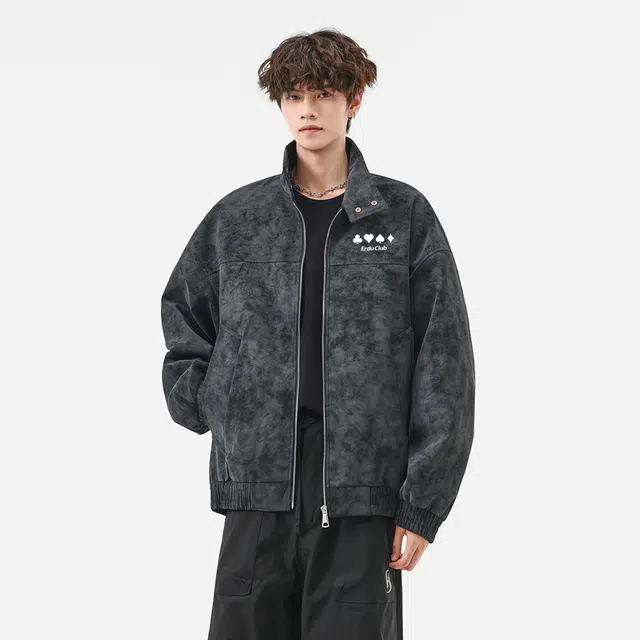 而度 复古美式立领质感绒面肌理前后精致印花工艺高街潮流百搭夹克外套皮衣 男女同款