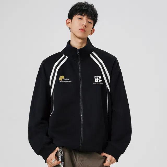 而度 复古运动风花卉印花撞色条纹精致工艺宽松廓形立领外套潮人连帽卫衣 男女同款