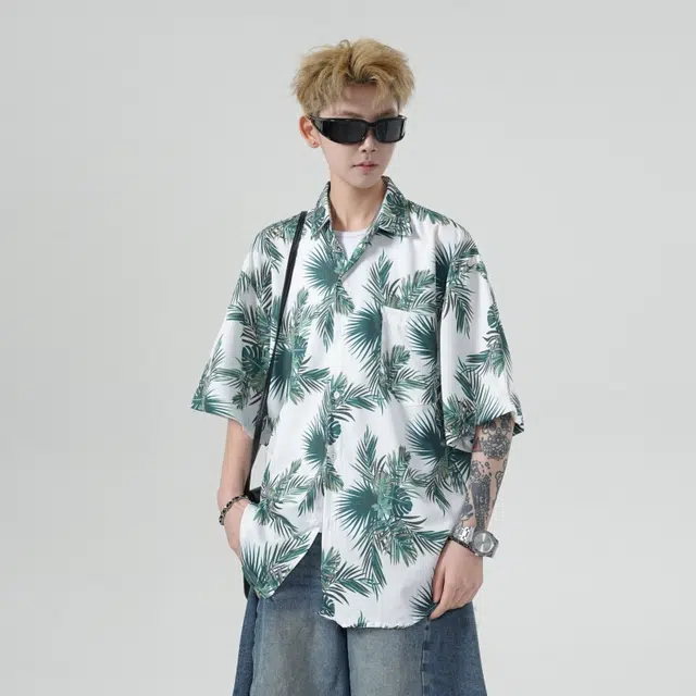 而度 美式经典植物印花夏威夷老钱轻薄宽松休闲百搭时尚简约垂感休闲翻领排扣松弛感无性别主义短袖衬衫 男女同款