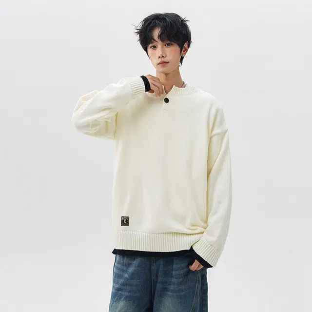 而度 高街复古圆领细腻针织工艺撞色下摆设计宽松慵懒风百搭上衣毛衣 男女同款