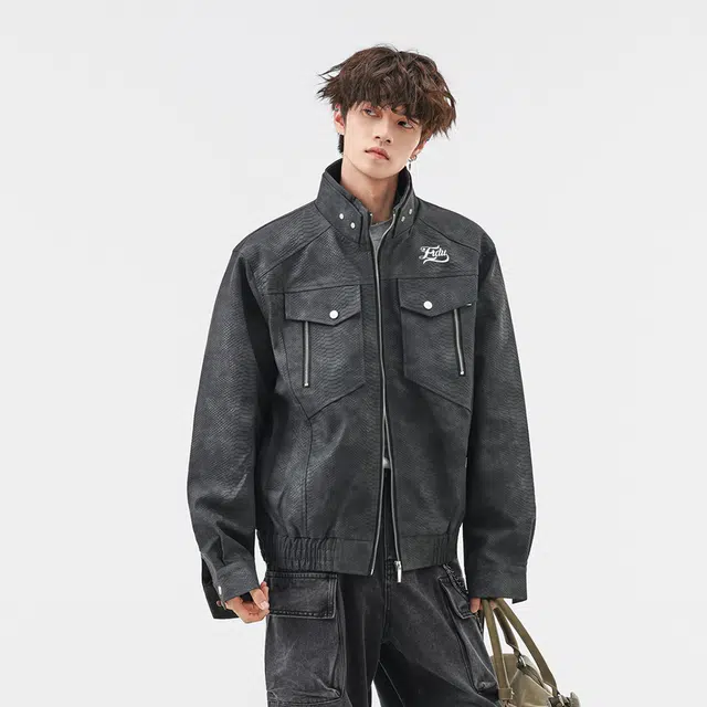 而度 高街复古蛇纹肌理工装多口袋精致印花工艺立领质感美式潮牌夹克外套皮衣 男女同款