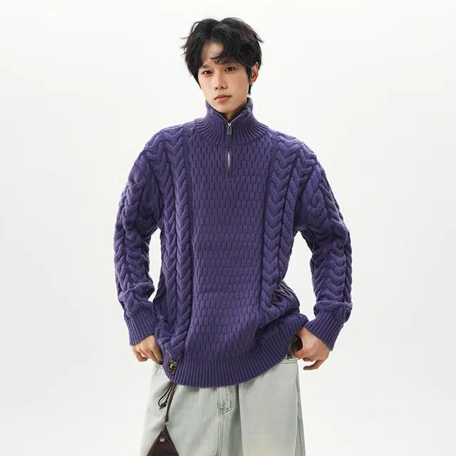 而度 复古麻花编织半拉链高领立体针织工艺宽松慵懒版型高街潮流质感上衣毛衣 男女同款