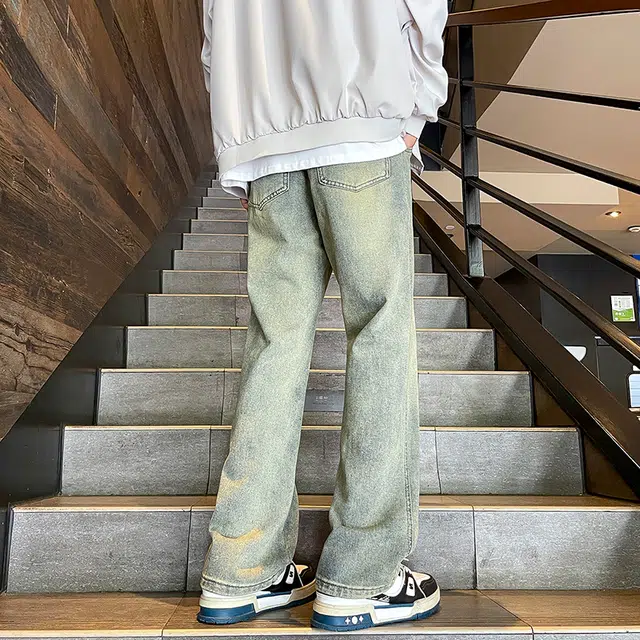 而度 美式复古水洗线条设计立体高街做旧舒适亲肤透气直筒长裤通勤百搭微喇垂感休闲高街风中腰宽松简约牛仔裤 男女同款