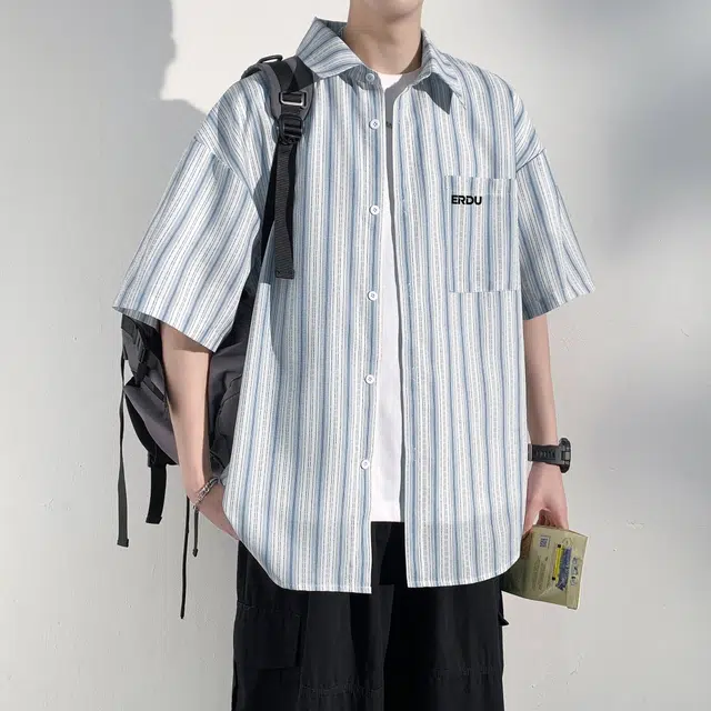 而度 美式经典条纹设计宽松透气休闲百搭短袖衬衫 男女同款