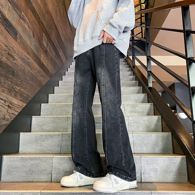 而度 美式复古水洗线条设计立体高街做旧舒适亲肤透气直筒长裤通勤百搭微喇垂感休闲高街风中腰宽松简约牛仔裤 男女同款