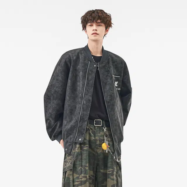 而度 美式复古棒球领质感夹克字母印花细腻工艺高街痞帅风皮衣 男女同款